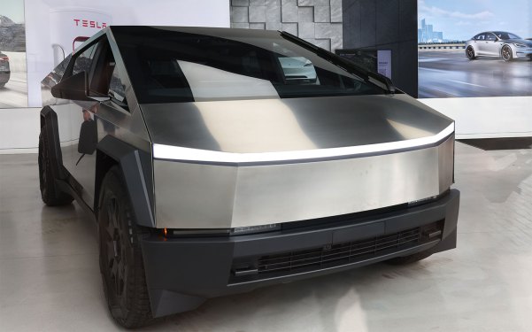 A Tesla Cybertruck is seen on display in a Tesla showroom.