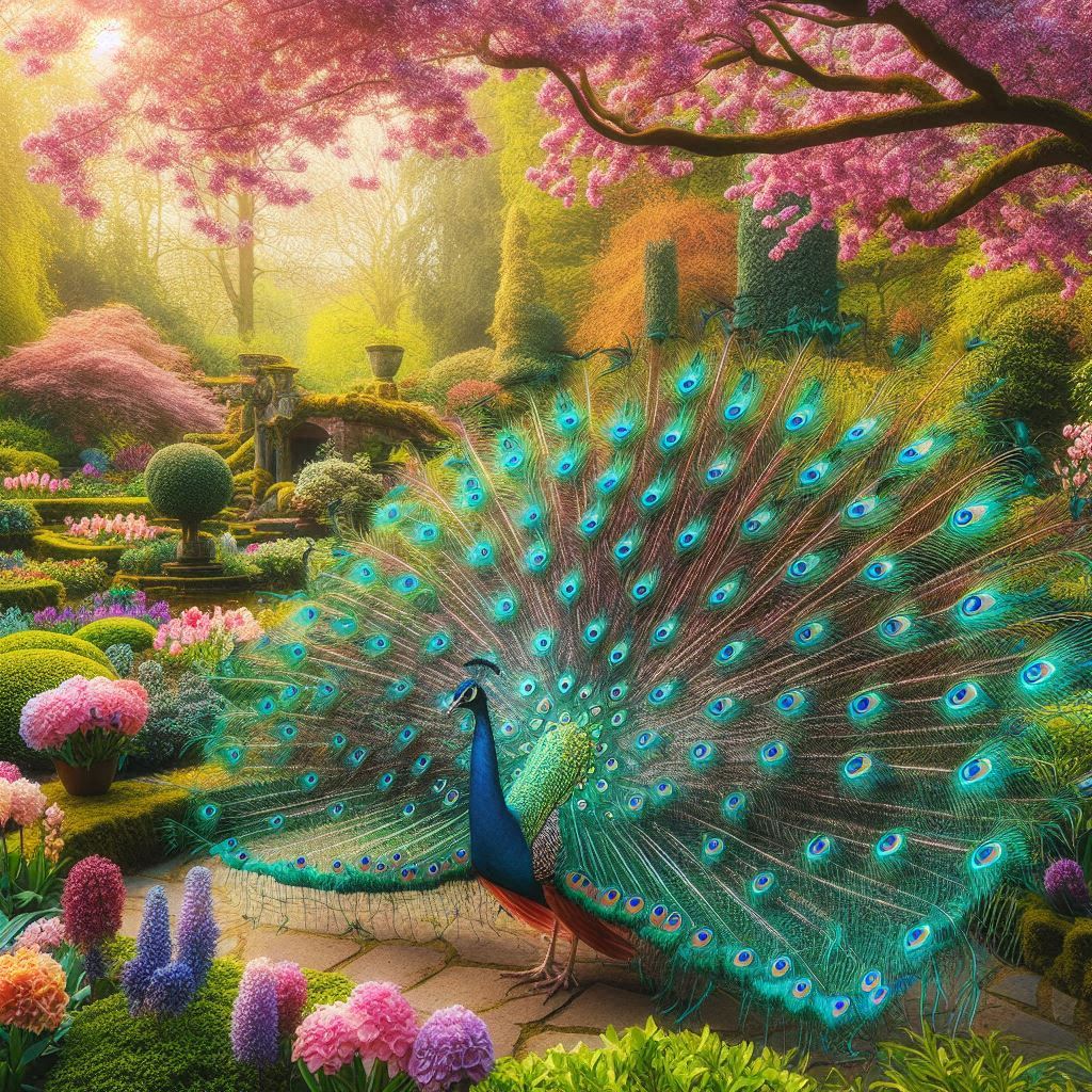 A majestic peacock displaying its colorful feathers in a lush, springtime botanical garden