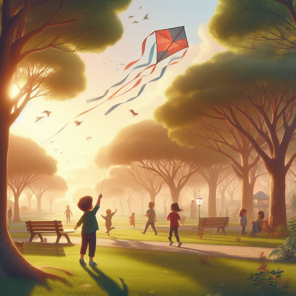 A child flying a kite in a park with other kids playing in the background