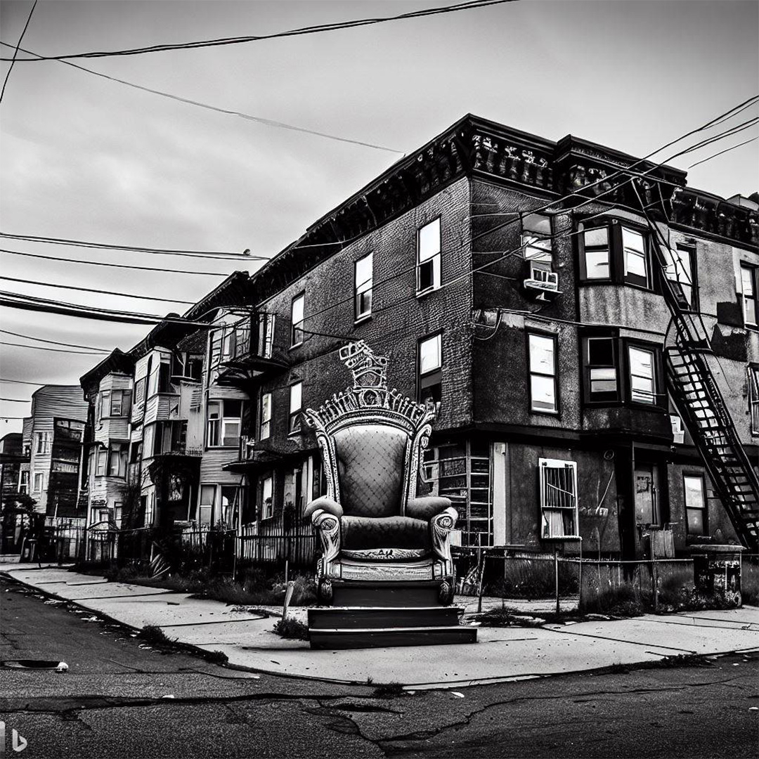 A black and white photo of a throne in the middle of a street.