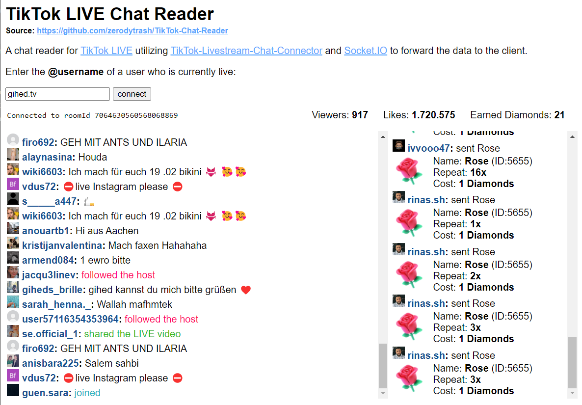 TikTok LIVE Chat Reader (Demo)
