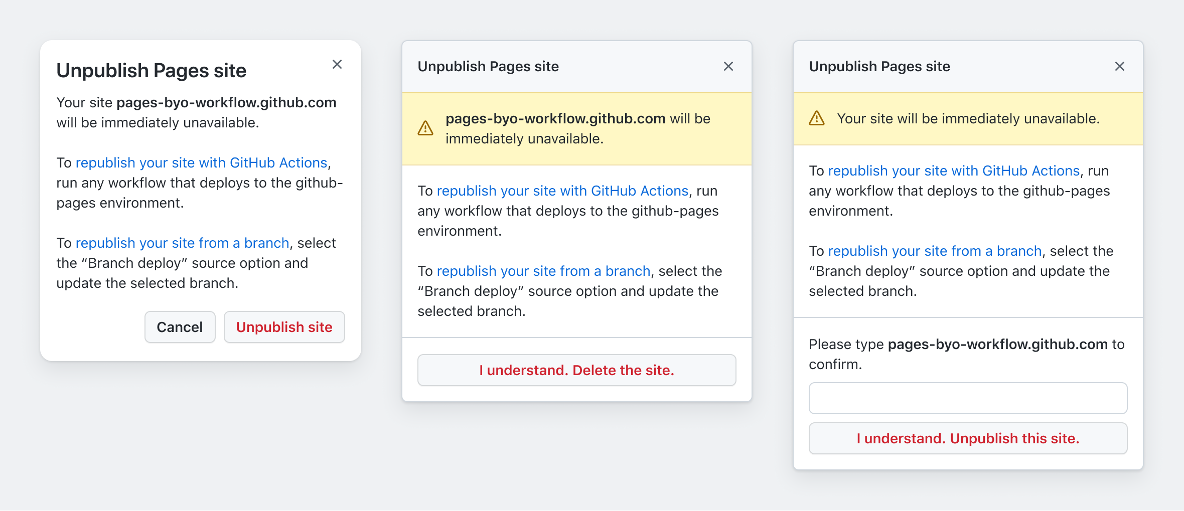 Figma file screenshot from @dylanatsmith to showcase different unpublish GitHub page dialog actions