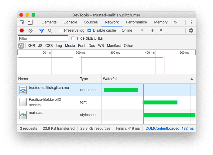 套用預先載入功能後，Chrome 開發人員工具「網路」面板的螢幕截圖。