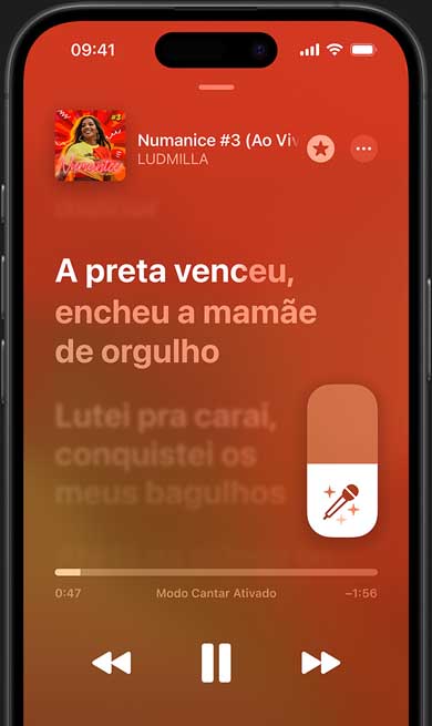  Modo Apple Music Sing no iPhone reproduzindo a faixa Numanice, de Ludmilla