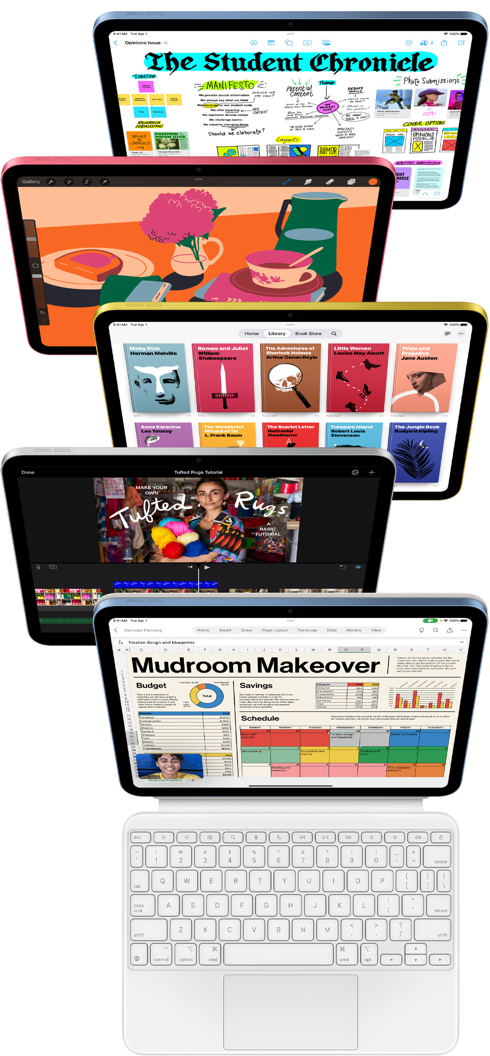 Pohled zepředu na několik iPadů s otevřenými aplikacemi jako Freeform, ProCreate, Apple Books, iMovie a Excel s aplikací Webex Meetings.