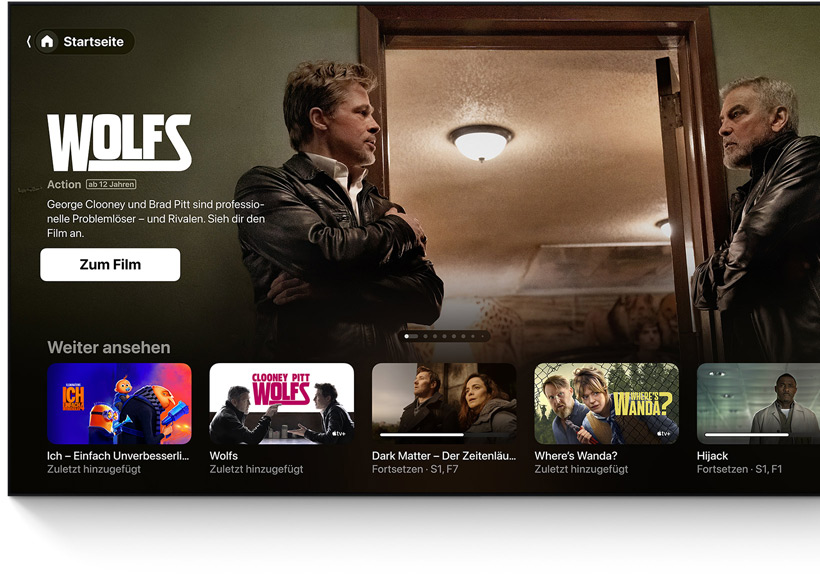 Ein Flachbildfernseher mit dem Homescreen der Apple TV App