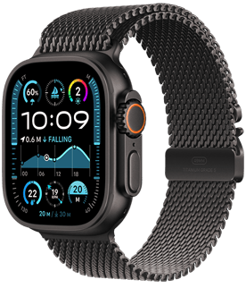 Apple Watch Ultra 2 musta titaankorpuse ja Black Trail Loop rihmaga.