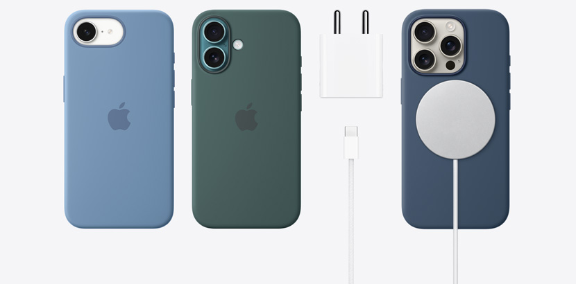 iPhone 16e and iPhone 16 lineup with accessories like various silicone cases. 20W USB-C Power Adapter, 60W USB-C Charge Cable and MagSafe Charger.