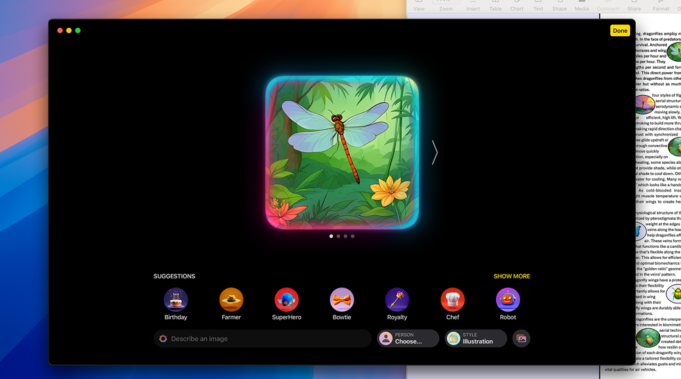 Generating an image of a dragonfly with Apple Intelligence Image Playground