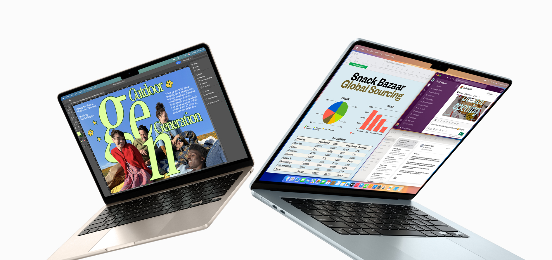 Partially open 13-inch and 15-inch MacBook Air  — one screen shows design work in progress, the other shows multitasking across email and spreadsheets