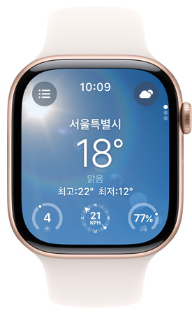 날씨 앱이 표시된 Apple Watch 화면