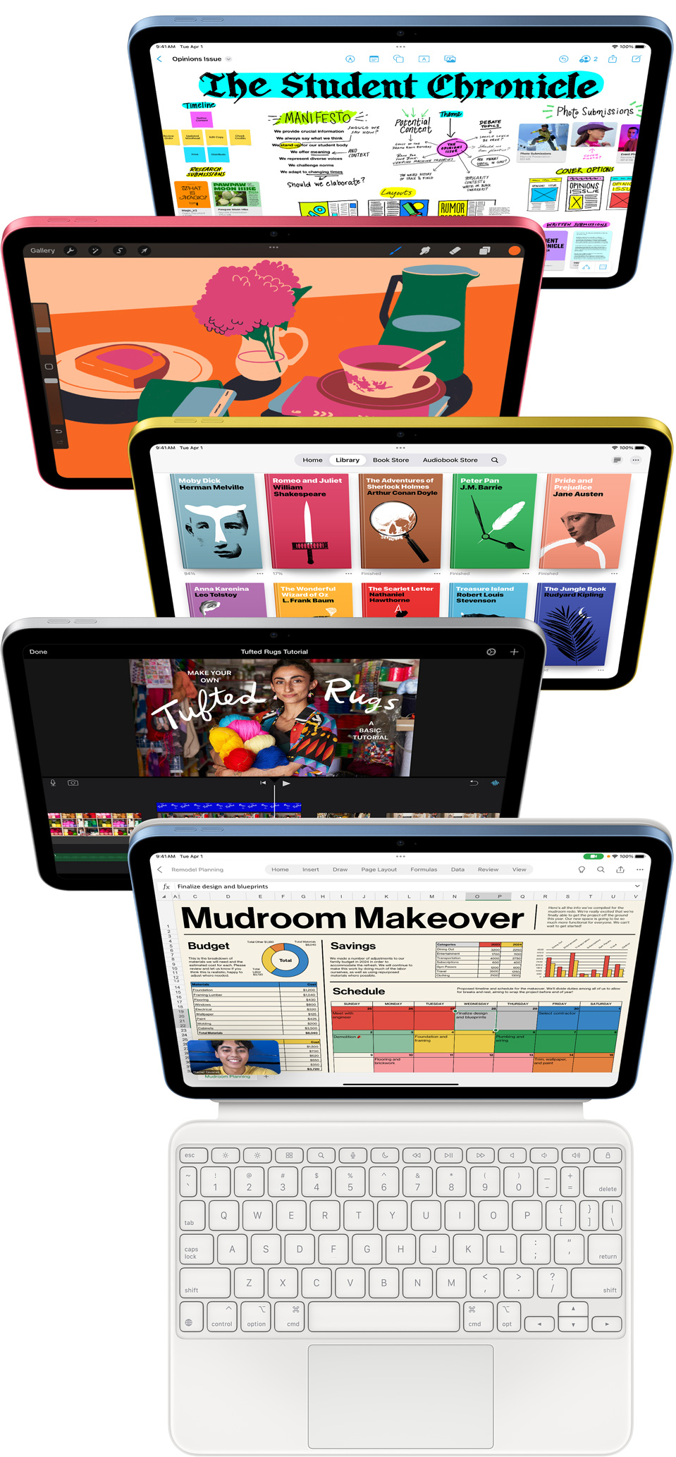 Front facing iPad screens show a variety of apps including Freeform, ProCreate, books, iMovie, and Excel.