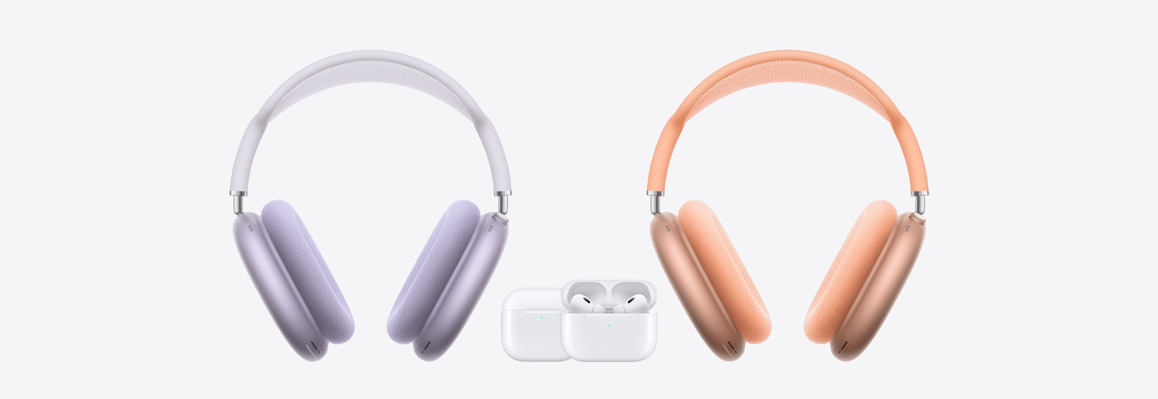 AirPods Max on left and right with AirPods 4 and AirPods Pro 2 in the center.