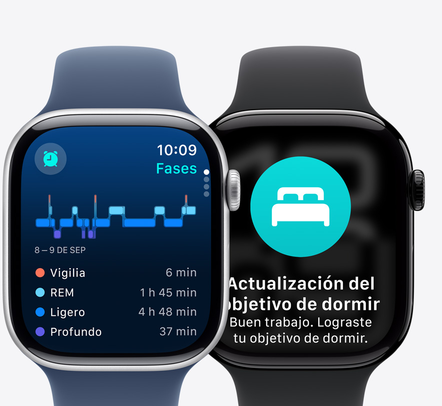 Dos Apple Watch Series 10, uno muestra las Fases del Sueño y el otro una notificación de actualización de metas de sueño.