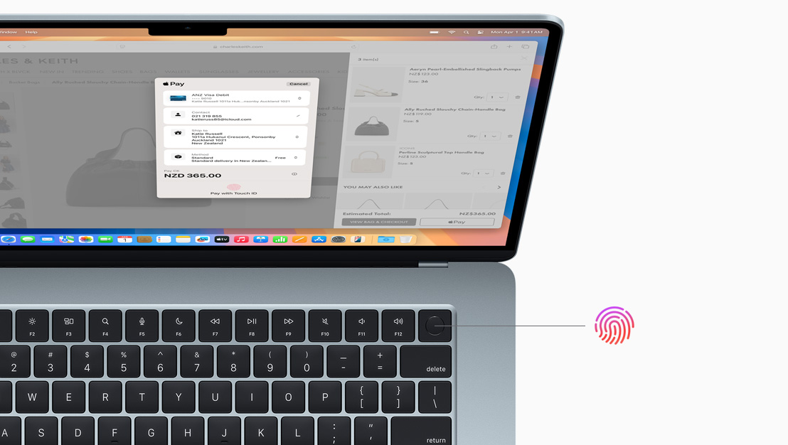 An open MacBook Air in Sky Blue, demonstrating the location of the Touch ID button.