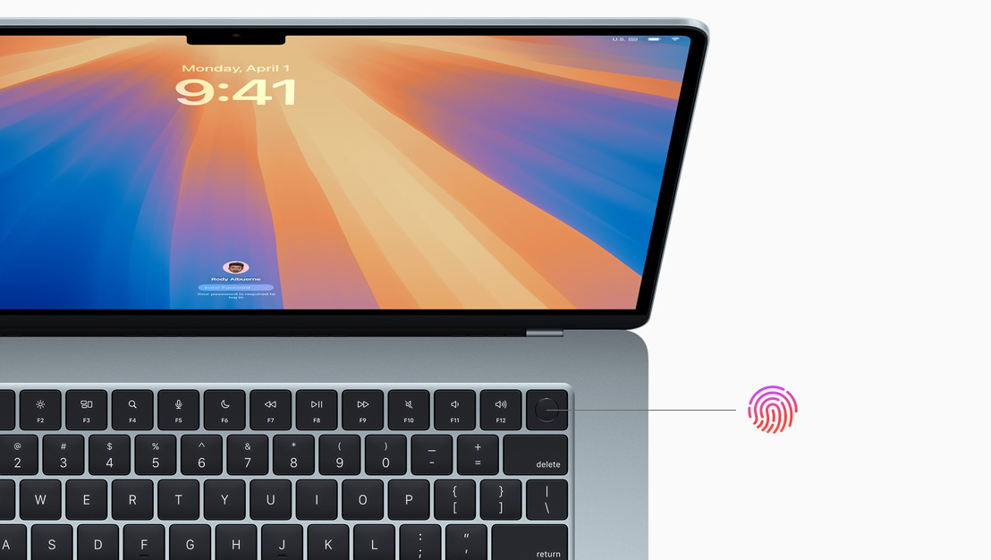 An open MacBook Air in Sky Blue, demonstrating the location of the Touch ID button.