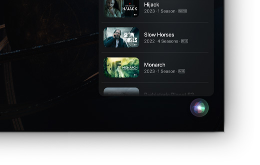 A flat-screen television showing list of Apple TV+ movies and shows