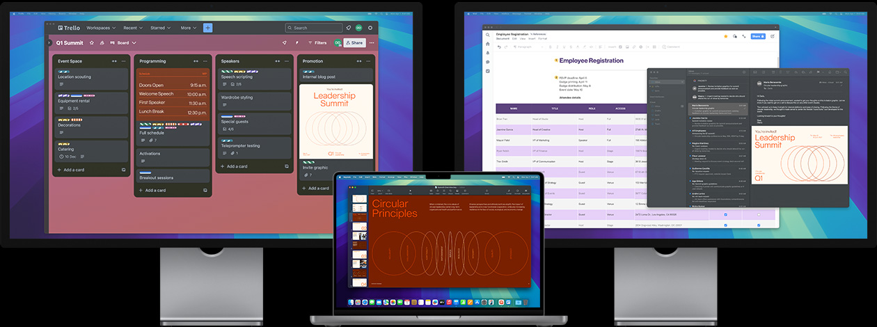 MacBook Pro with two Studio Displays — on screen, a user prepares for a leadership summit, tracking tasks in the app Trello, preparing a presentation and reviewing design files via email