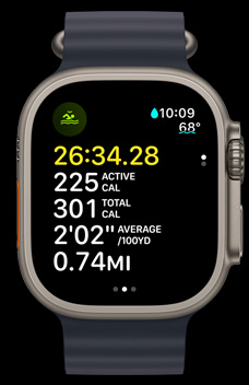 Cadran d’Apple Watch Ultra 2 affichant une nage en eau libre avec le temps, les calories et l’allure.