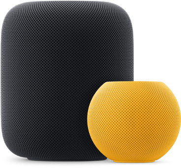 Gele HomePod mini aan de voorkant, rechts van een middernacht HomePod.