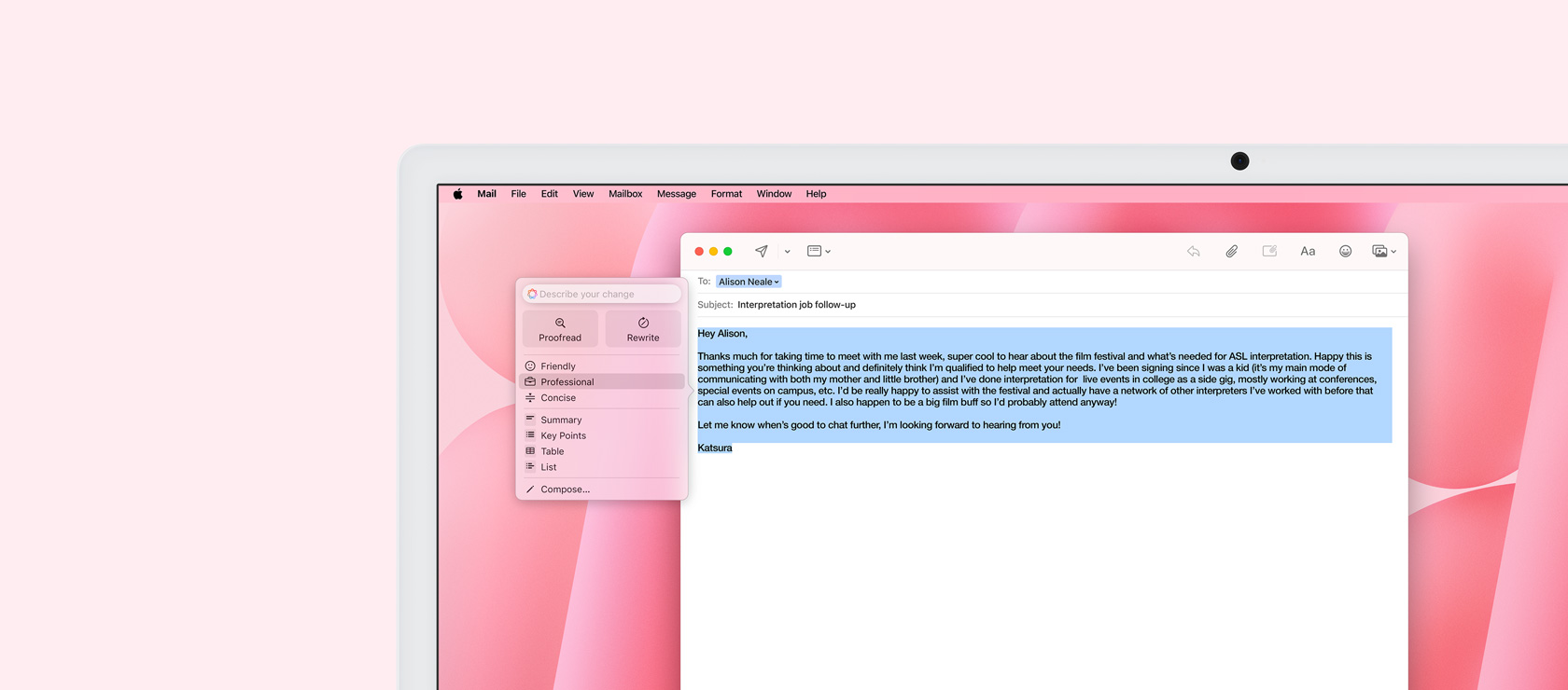 iMac screen displaying Mail app with Writing Tools feature. An email draft is highlighted, and the 'Professional Tone' option is shown next to it