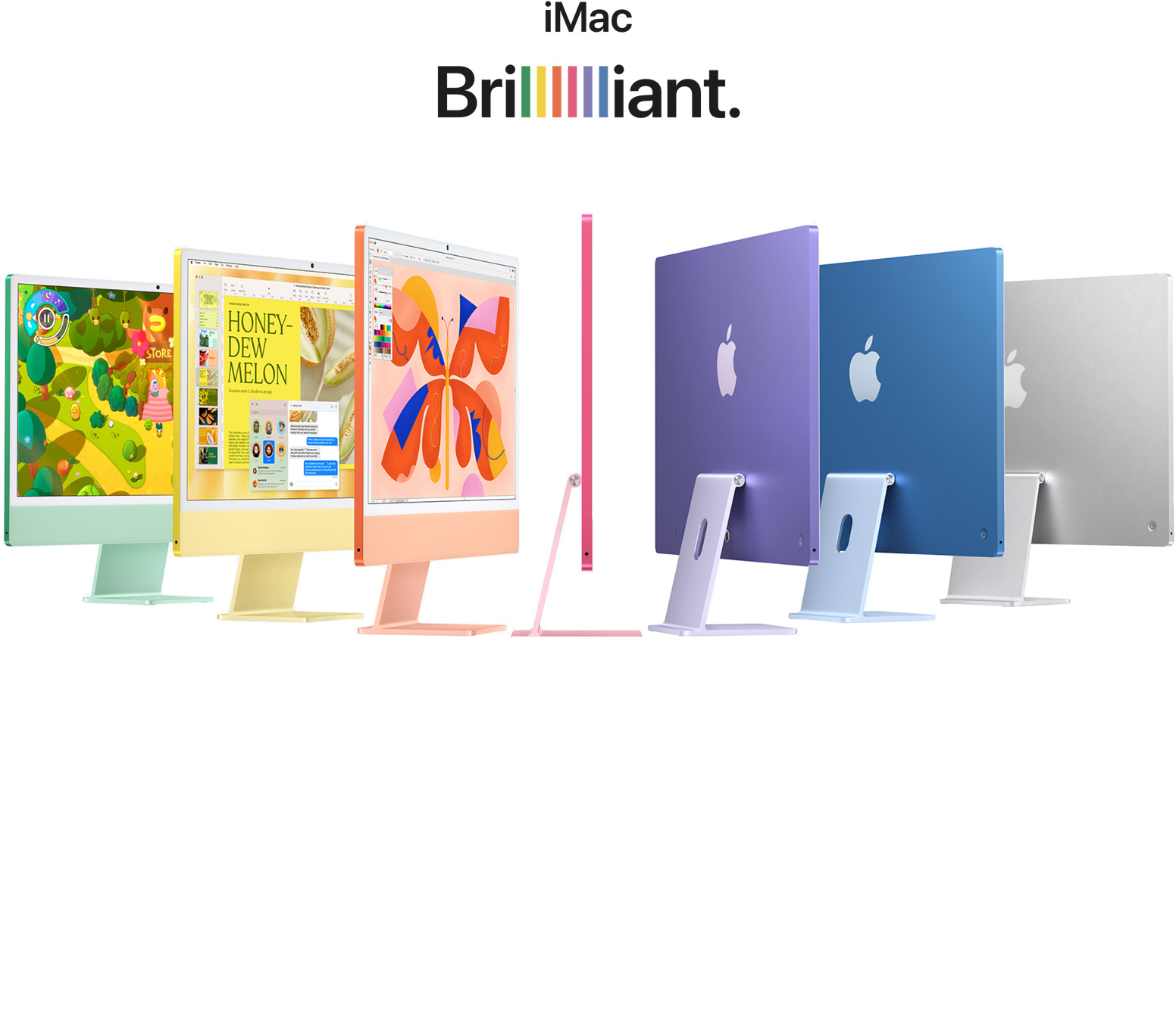 7 iMacs in different colors (Green, Yellow, Orange, Pink, Purple, Blue, Silver) in a accordion arrangement