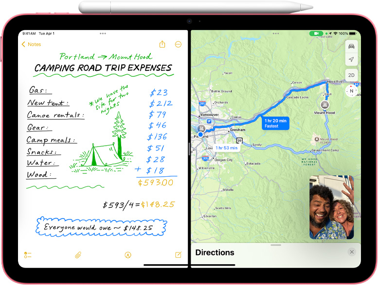 iPad zobrazuje Matematické poznámky v Mapách a FaceTime v režimu obrazu v obraze.