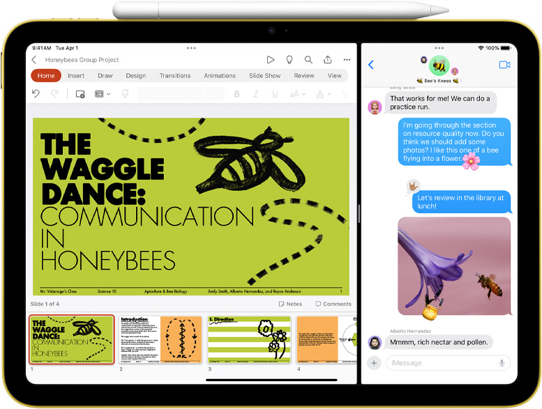 Powerpoint a Zprávy na iPadu ve Split View zobrazení s připnutým Apple Pencilem.