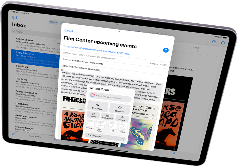 橫向的 iPad Air 顯示書寫工具和郵件 app，展示 Apple Intelligence