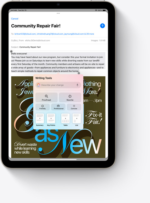 Un iPad mini muestra las Herramientas de Escritura en Mail, una nueva funcionalidad de Apple Intelligence.