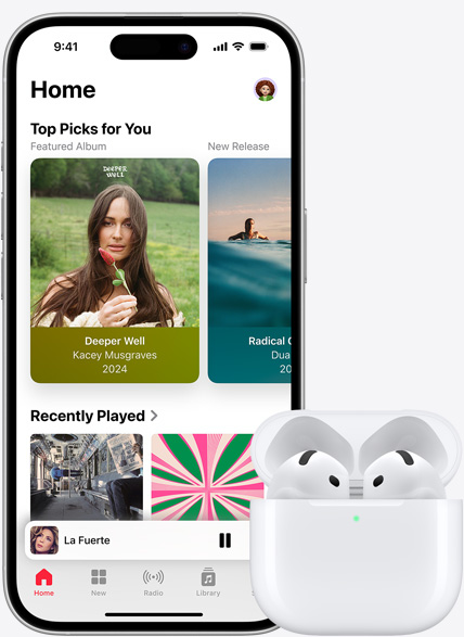 iPhone 16 atskaņo mūziku blakus Airpods