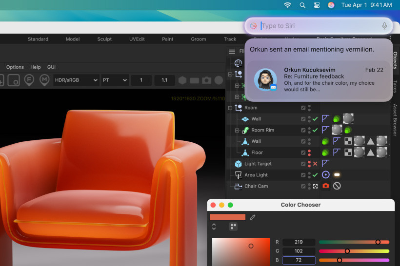 A designer creating a chair using a 3D application, with Siri responding from ChatGPT to their question about colour varities