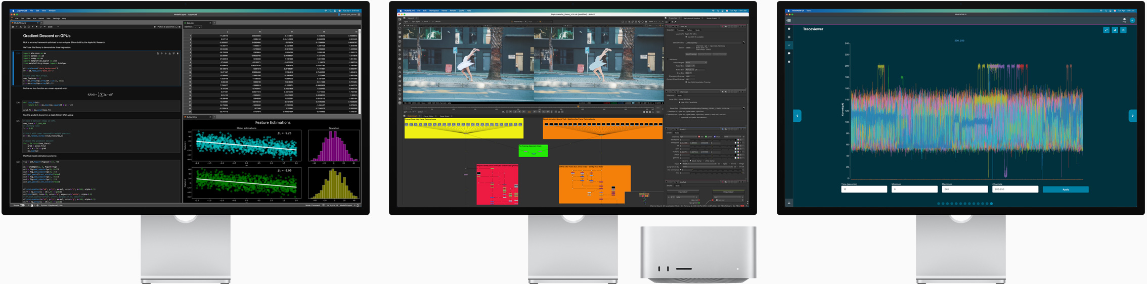 Mac Studio and three Studio Displays, all featuring different macOS apps on screen