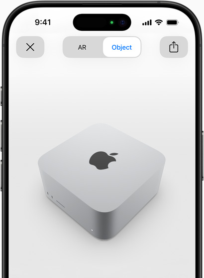 Preview of Mac Studio being viewed in AR experience on iPhone