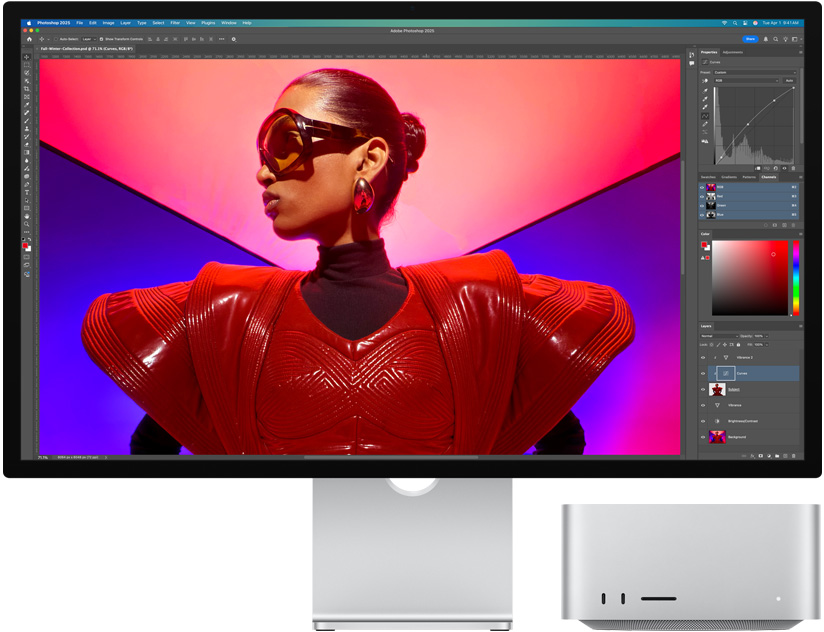 Studio Display and Mac Studio shown together using Adobe Photoshop