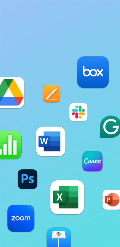 Various app icons in a scattered array, including Zoom, Adobe Photoshop, Microsoft Excel and Slack.