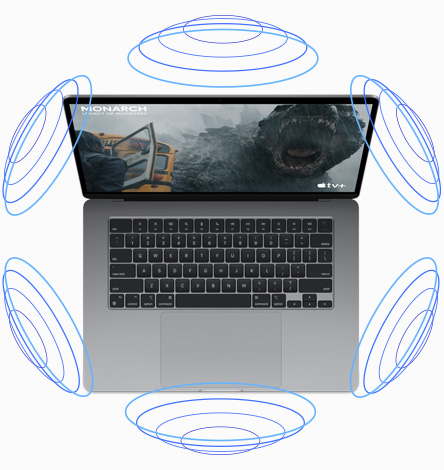 Поглед отгоре към MacBook Air с илюстрация, на която се вижда как Spatial Audio работи по време на филм