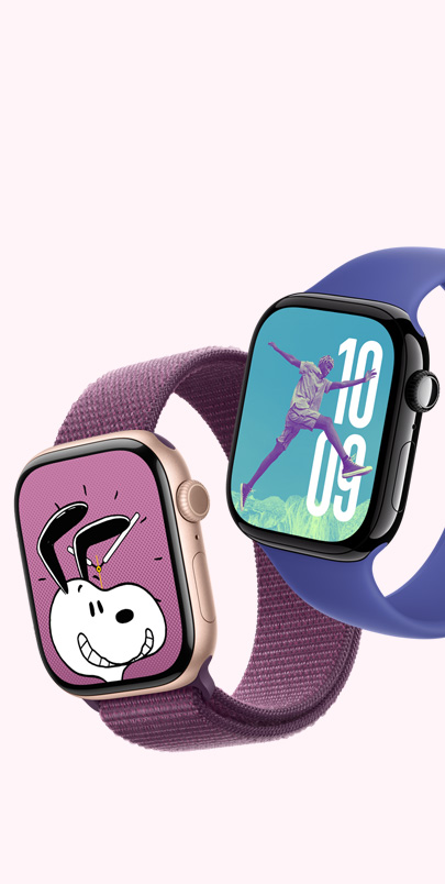 Two Apple Watch Series 10. The first has a Snoopy watch face and a Plum Sport Loop. The second has a Photos watch face and an Ultramarine Solo Loop.