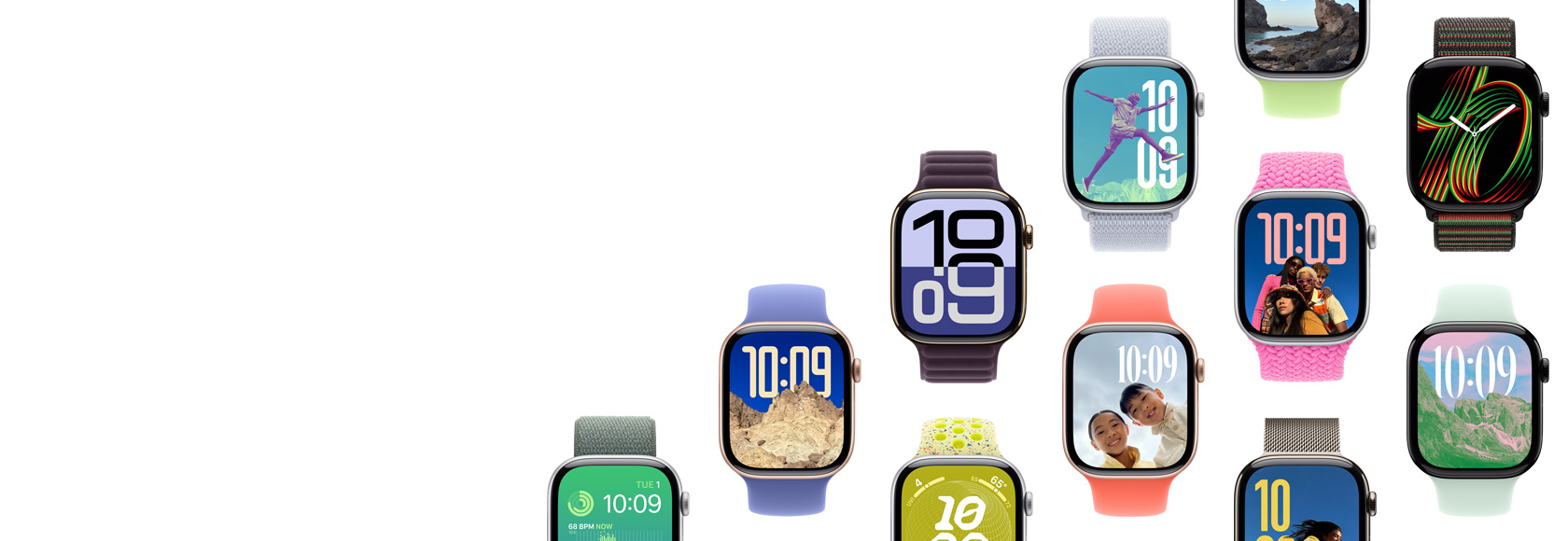 Multiple different case, band, and watch face combinations to show the possibilities.