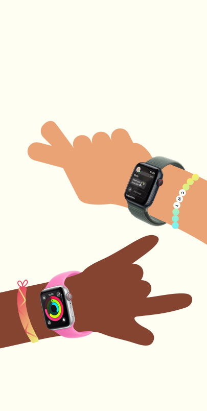 Illustration of two childrens' hands. Each is wearing an Apple Watch SE.