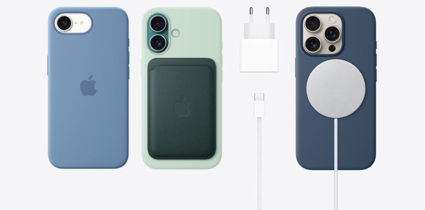 iPhone 16e and iPhone 16 lineup with accessories like various silicone cases. 20W USB-C Power Adapter, 60W USB-C Charge Cable and MagSafe Charger.