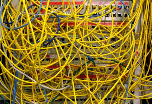 Ethernet cables used for internet connections are pictured in a Berlin office