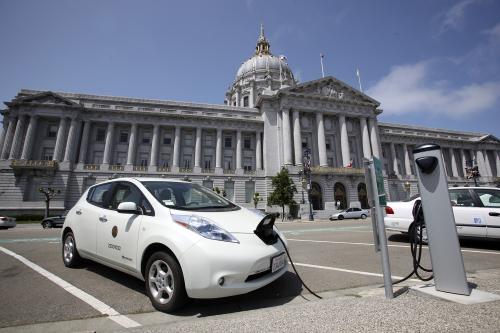 SAN FRANCISCO, CALIFORNIA -- AUGUST 8, 2011 -- Electric vehicle charging stations line the perimeter of San Francisco's City Hall.