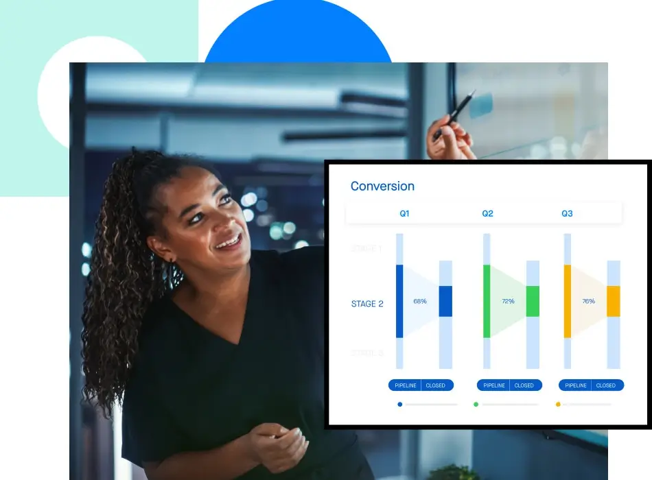 Screenshot of a Clari pipeline conversion report overlapping a photograph of a revenue leader pointing to a presentation