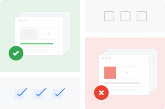 A web page with a green tick contrasted with a web page with a red X shows how policies govern across Google.