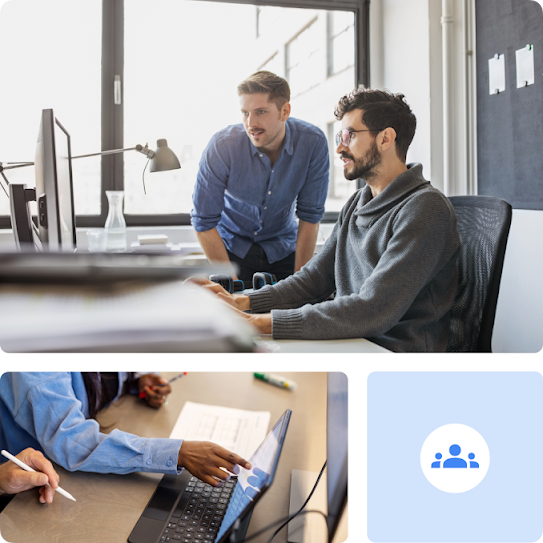 A collage of images shows two men working in an office, a close up of people collaborating on a laptop, and an icon to represent teams.