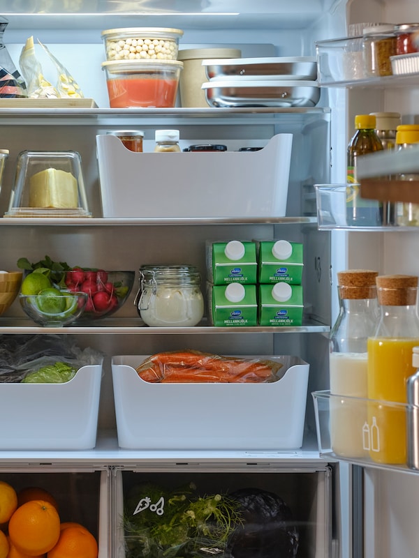 An organized fridge with various 