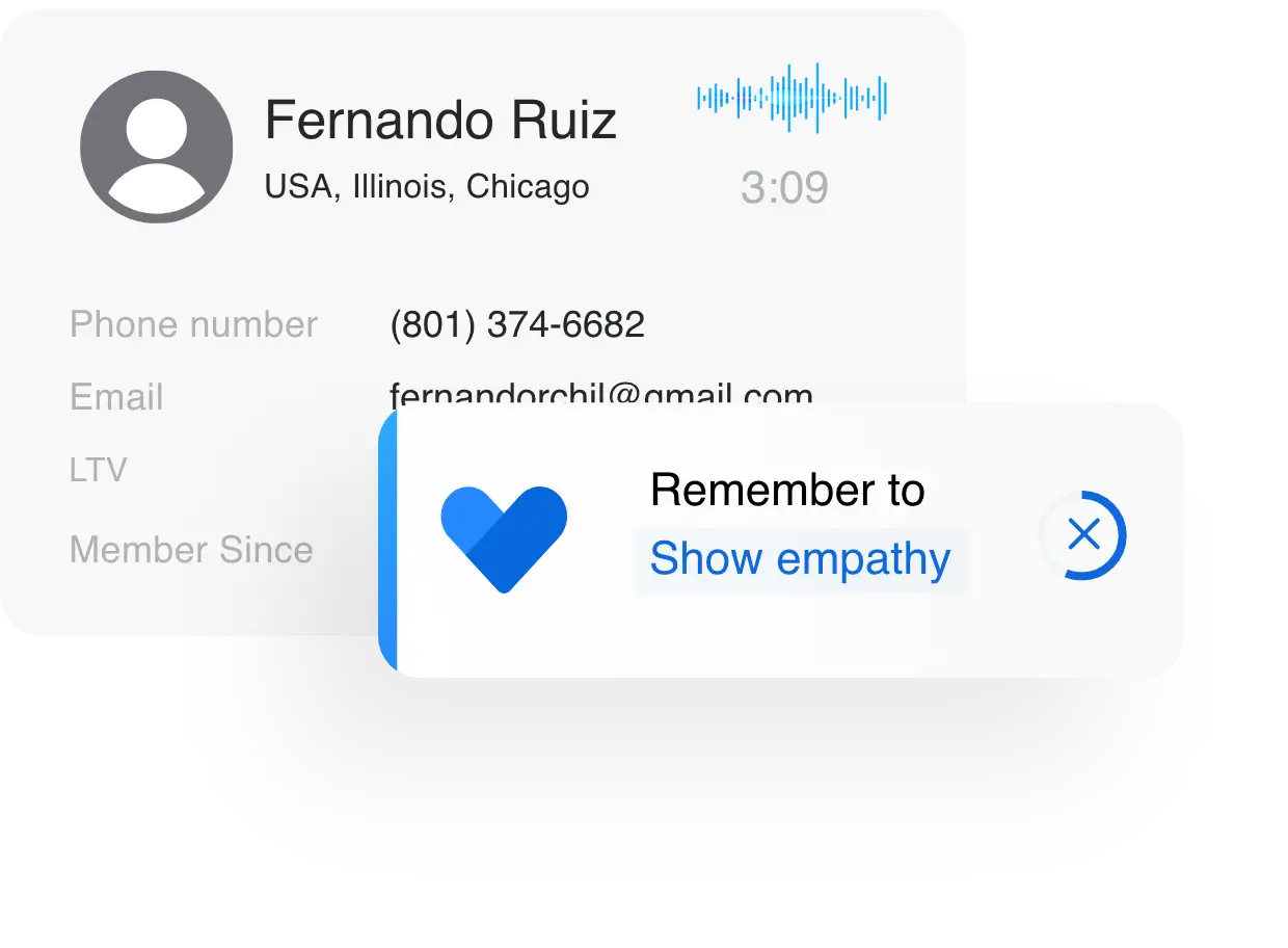 Frontline dashboard reminding rep to show empathy