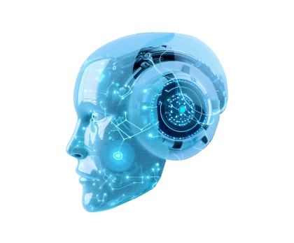 Futuristic digital illustration of a human-like head with a transparent blue skin. It features glowing circuitry and mechanical elements, symbolizing advanced technology and artificial intelligence.