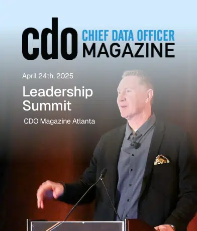 Man speaking at a podium under the CDO Chief Data Officer Magazine banner. The text states April 24th, 2025, Leadership Summit, CDO Magazine Atlanta.